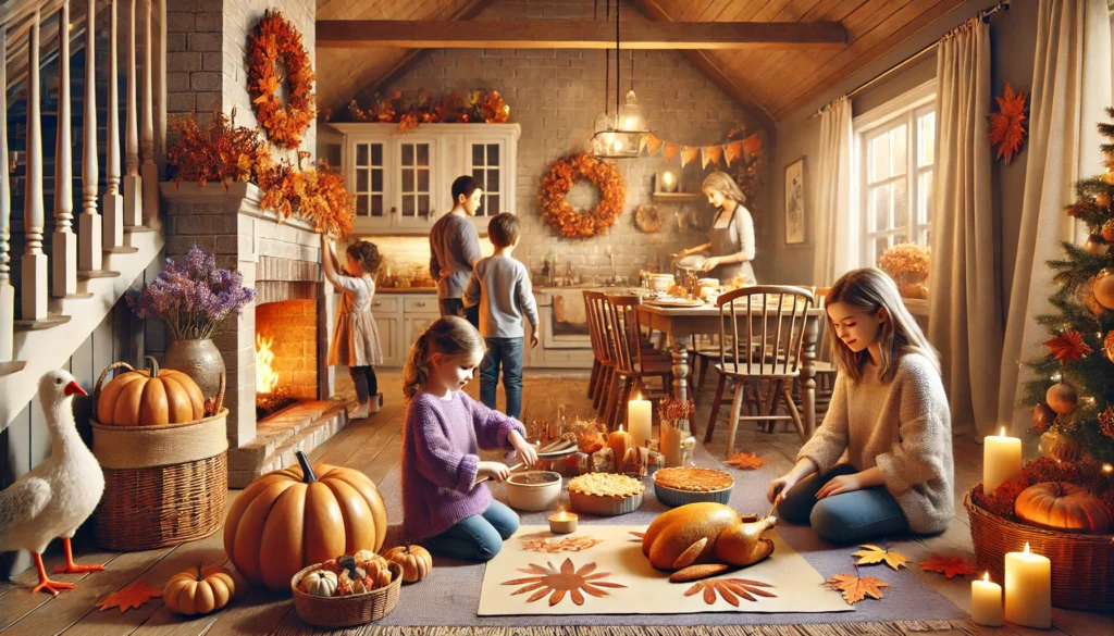 DALL·E 2024 10 11 16.39.48 A realistic warm and cozy Thanksgiving scene inside a home. The family is gathered for Thanksgiving activities with autumn colored decorations like